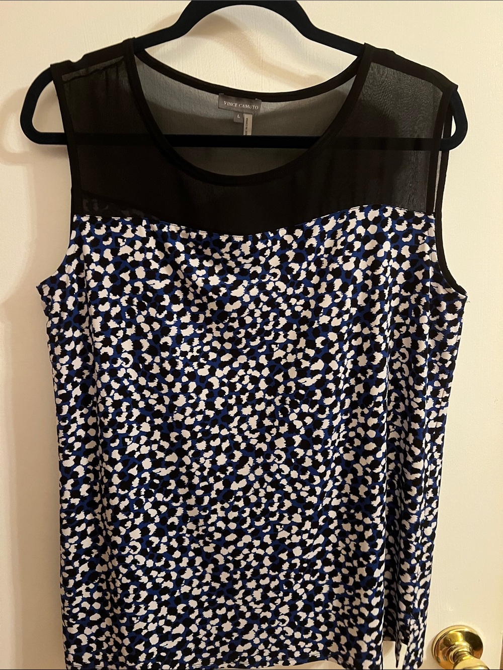 Vince Camuto Black Sheer Yoke Blue & White Printed Sleeveless Tank